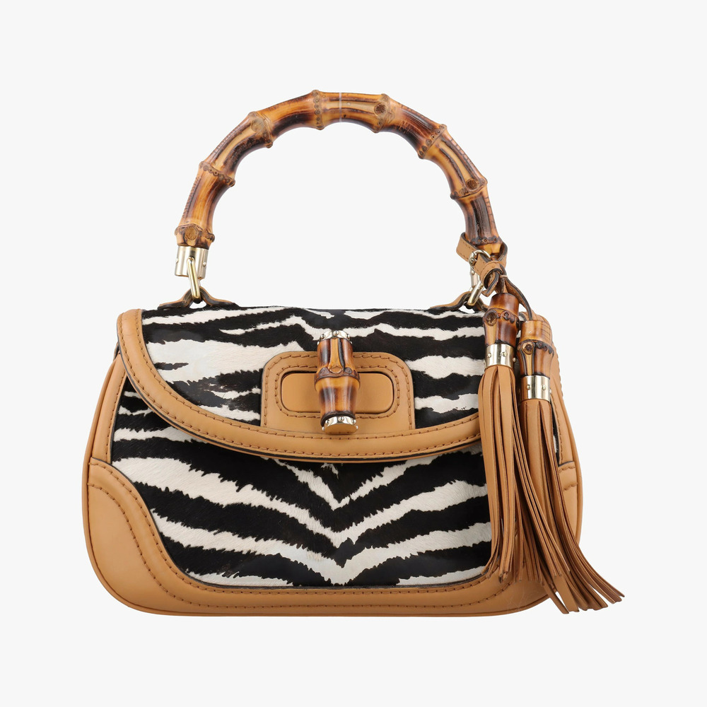 Gucci Bamboo Multicolor Calf Hair Leather 2Way Top Handle Bag Black